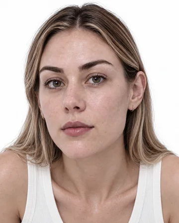 Day 1: the woman wearing an ivory tank, freshly cleansed, facing the mirror camera