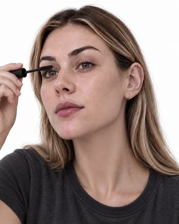 Day 2: the woman wearing a charcoal tee, applying mascara, facing the mirror camera