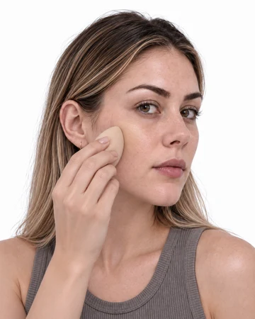 Day 4: the woman wearing a mushroom-gray tank, blending foundation with a makeup sponge, facing the mirror camera