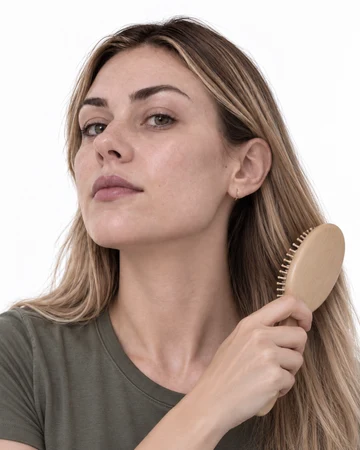 Day 5: the woman wearing an olive tee, brushing her hair, facing the mirror camera