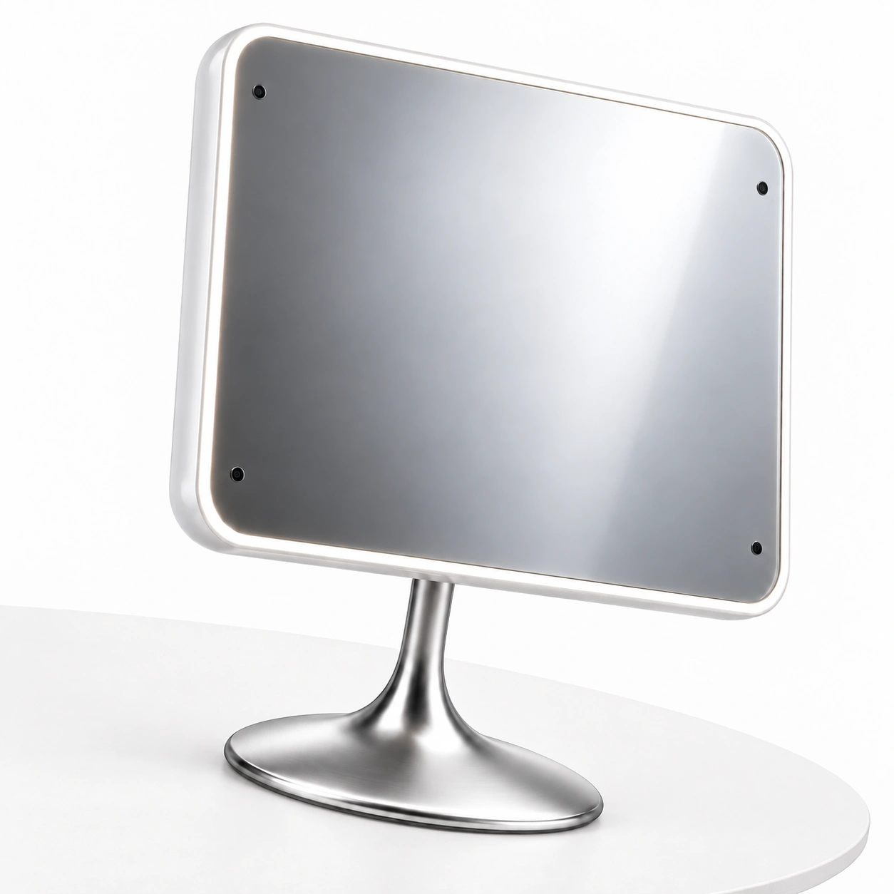 Studio view of Poréa resting on a circular white table, photographed at a gentle angle, with reflective glass, a pearl-white enclosure, four discreet cameras and brushed stainless-steel pedestal